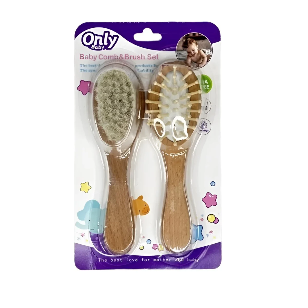 ست شانه و برس چوبی نوزاد Only Baby دو عددی، نرم و ارگونومیک