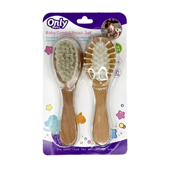 ست شانه و برس چوبی نوزاد Only Baby دو عددی، نرم و ارگونومیک